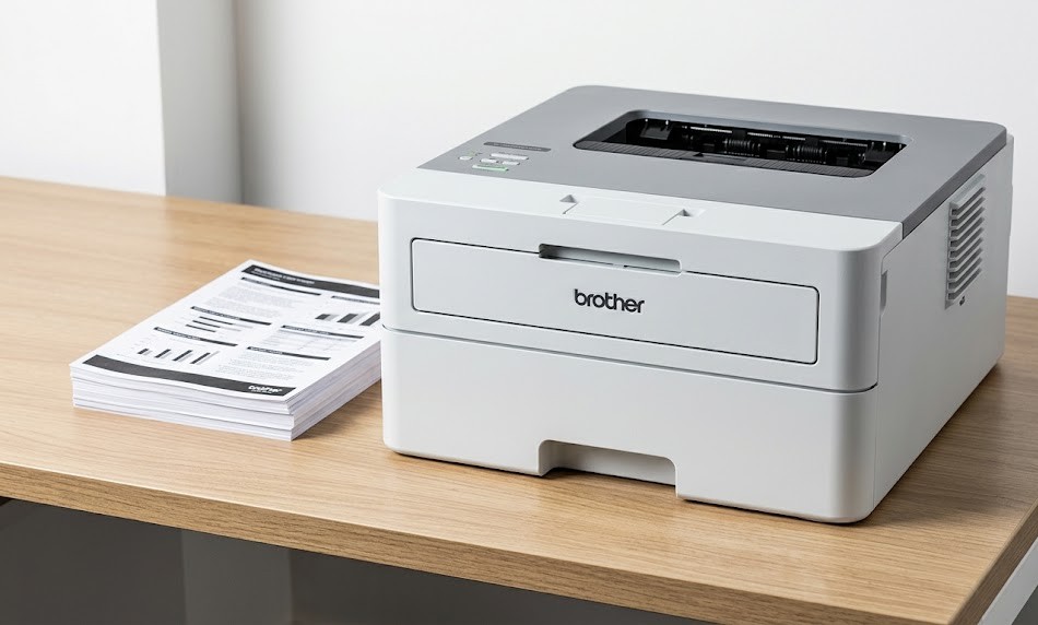 Máy in laser Brother HL-B2180DW nhìn góc 45 độ trên bàn văn phòng